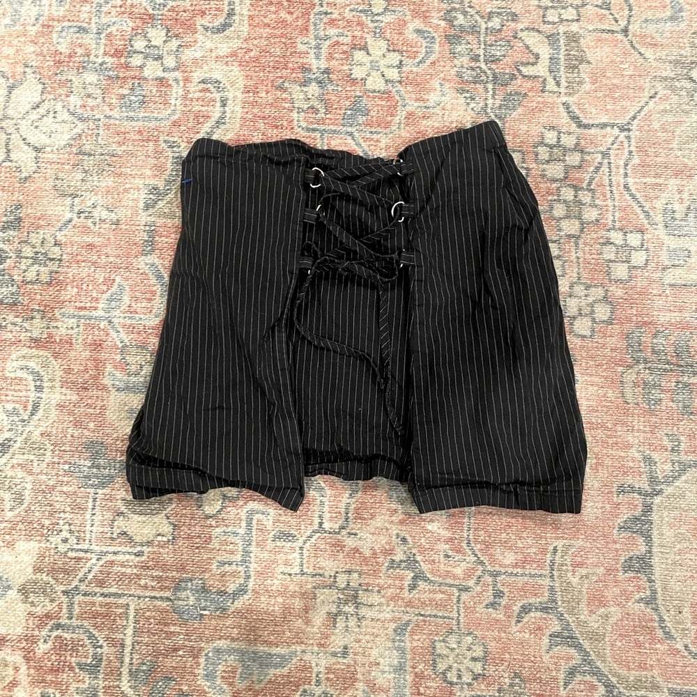 Black Pinstripe Skirt with Lace-Up Detail